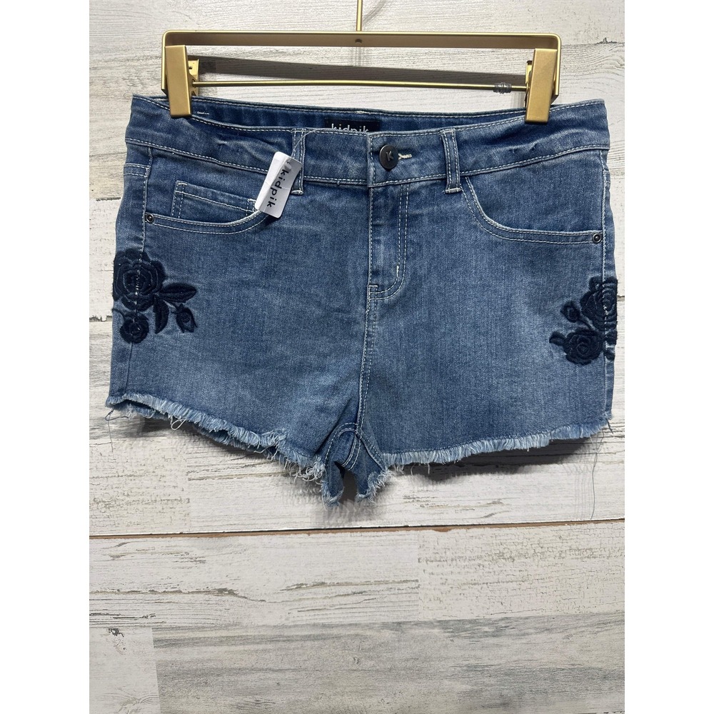 Kidpik Denim Shorts Girls 16 Blue Floral Embroidered Raw Hem NWT
